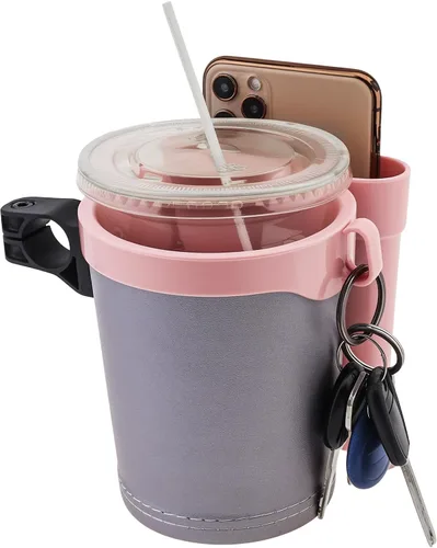 Portavasos para bicicleta 3 en 1 con gancho para llaves de teléfono celular, soporte universal para botella de agua para caminante/silla de rosa gris