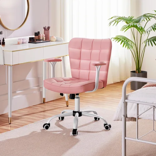 Miniatura 2 de Yaheetech Silla de oficina de piel sintética de respaldo medio, moderna silla inclinable ajustable con reposabrazos acolchados desmontables