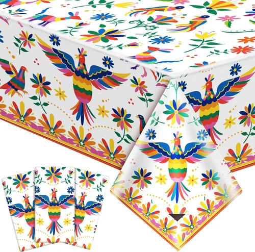 Frienda 3 manteles de plástico para decoración de fiesta mexicana de 54 x 108 pulgadas, manteles desechables florales mexicanos para suministros de