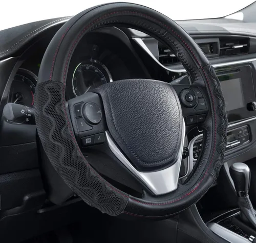 Miniatura 20 de Motor Trend GripDrive - Funda de cuero negro sintético para volante de automóvil, camión, camioneta, SUV, tamaño pequeño de 14 pulgadas, funda
