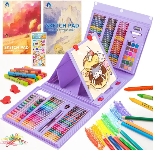 Miniatura 9 de VigorFun Suministros de arte, kit de arte de dibujo de 240 piezas, estuche de arte de regalo con caballete triple de doble cara, incluye blocs