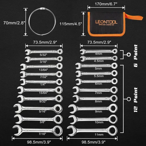 Miniatura 7 de Juego de llaves pequeñas métricas y SAE de 20 piezas, llaves de encendido de 4-11mm y 5/32" a 7/16", juego de llaves de extremo abierto y cerrado