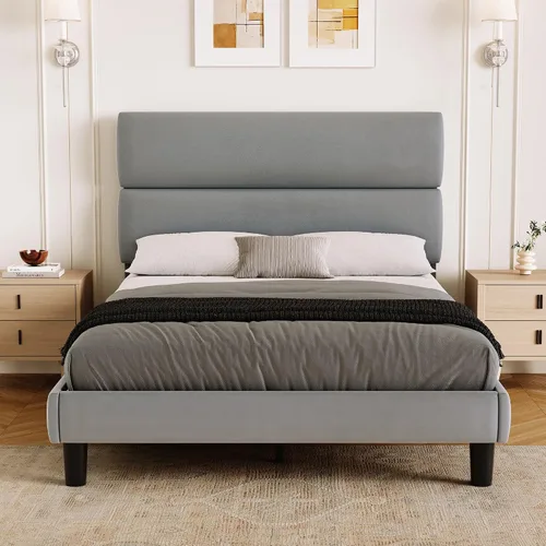 Miniatura 11 de GRUSIGN Base de cama de plataforma tamaño Queen con cabecera de terciopelo, soporte de listones de madera de altura ajustable, base de colchón Gris