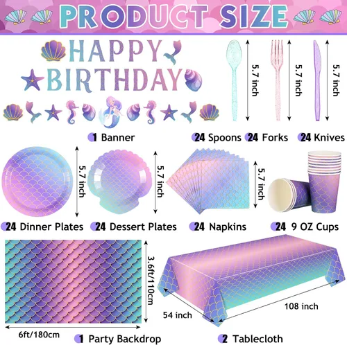 Miniatura 3 de Roshtia 172 piezas de suministros para fiesta de cumpleaños de sirena, sirven 24 platos bajo el mar, servilletas, color rosa y morado, pancarta
