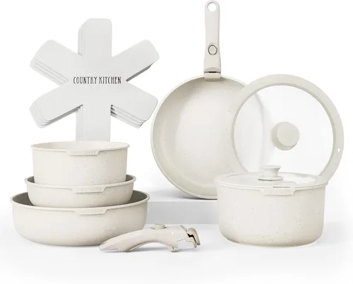 Country Kitchen Juego de utensilios de cocina con mango extraíble, juego de ollas y sartenes aptas para horno y caravana, color crema, original