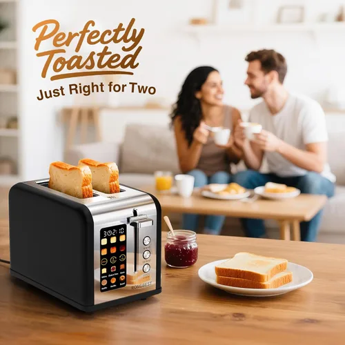 Miniatura 7 de Tostadora con pantalla táctil de 2 rebanadas de acero inoxidable con ranuras anchas para desayuno familiar, incluso tostado para bagels y pan, Negro