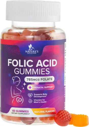 Gomitas de ácido fólico para mujeres, folato de 785 mcg por porción, vitaminas prenatales esenciales para mamá y bebé, suplemento fólico vegano,