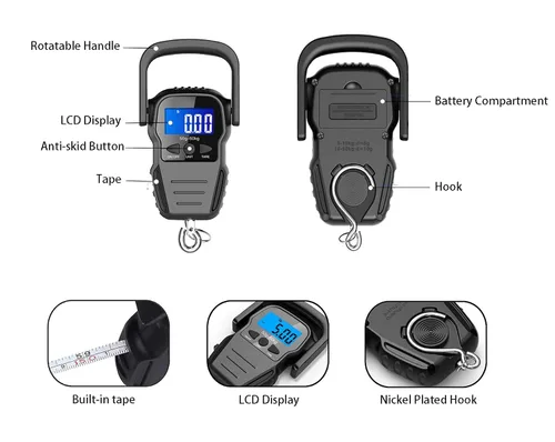 Miniatura 2 de Báscula digital de pescado báscula de equipaje báscula de gancho para colgar peso pantalla LCD retroiluminada de 1102lbs bolsa impermeable