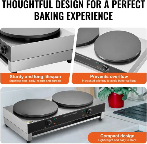 Miniatura 5 de HappyBuy Máquina eléctrica de crepé - Cabezal doble de 16 pulgadas, 3400 W, acero inoxidable antiadherente, escritorio, control de temperatura