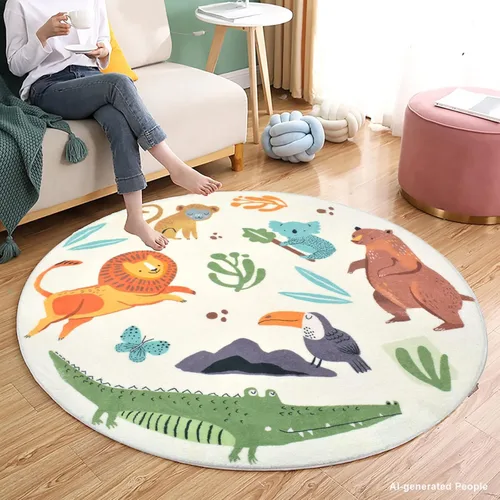 Miniatura 3 de Alfombra de juego para niños, alfombra circular de animales de 4 pies, alfombra redonda de zoológico para dormitorio, para niños y niñas, decoración
