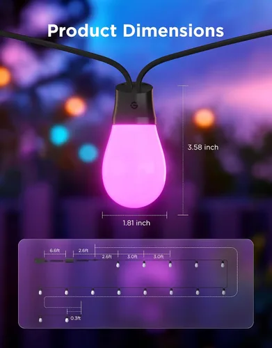 Miniatura 8 de Govee Guirnalda de luces S14 para exteriores, luces inteligentes RGBIC de 48 pies de color blanco cálido con 15 bombillas LED, 111 modos de escena