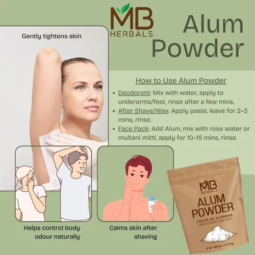 Miniatura 5 de MB Herbals Polvo de alumbre de 100 gramos (3.5 oz) Desodorante Después del afeitado Tela de cuero y papel mortal Uso externo solo