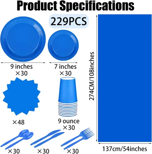 Miniatura 2 de Juego de 229 piezas de suministros azules para fiestas, platos desechables de papel, vasos, cucharas de plástico, tenedores, cuchillos, servilletas