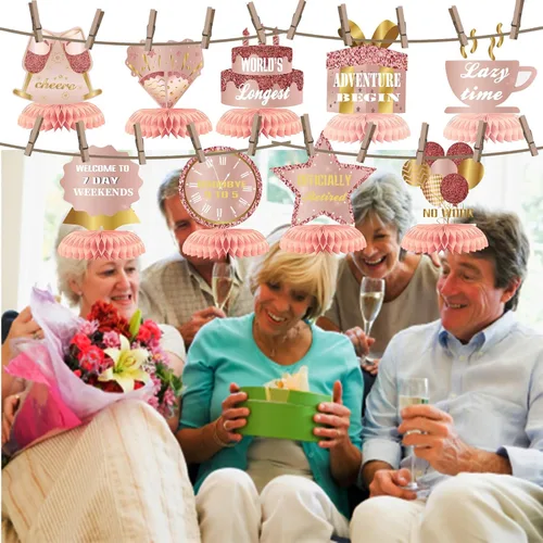 Miniatura 5 de 9 piezas de decoración de feliz jubilación, centros de mesa de nido de abeja, suministros de fiesta, oro rosa, rosa, aventura de jubilación, letrero