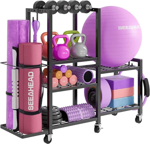 Estante de almacenamiento de gimnasio en casa de 6 niveles con ruedas, soporte de pesas para mancuernas y organizador de esterilla de yoga, soporte