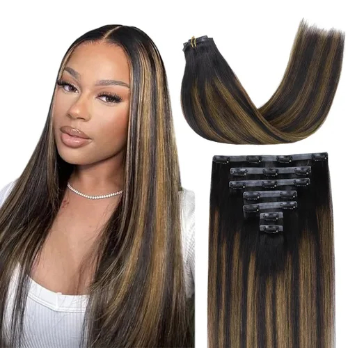 Miniatura 80 de Lashey - Extensiones de cabello con clip sin costuras, de cabello humano real, 7 unidades, 110 g, 14 pulgadas, color negro natural, lacio