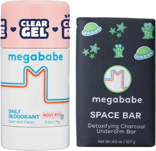 Megababe Paquete de 2 piezas para las axilas, desodorante diario Rosy Pits de 2.6 onzas y jabón desintoxicante de barra espaciadora de 3.5 onzas,
