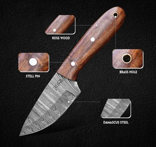Miniatura 3 de Cuchillo de caza, hoja fija con vaina, desolladora táctica, supervivencia, hecho a mano, cuchillo de campamento de Damasco, cuchillo de espiga