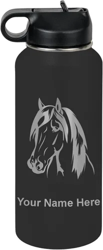 Miniatura 45 de LaserGram Botella de agua personalizada, cabeza de caballo 1, acero inoxidable de doble pared aislada al vacío con popote superior, regalo grabado