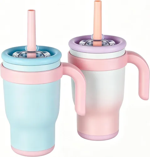 Miniatura 14 de Taza de 14 onzas para niños pequeños con aislamiento al vacío de acero inoxidable con asa, taza a prueba de derrames, pajita a prueba de fugas, taza
