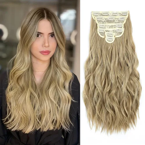 Miniatura 24 de Fliace Extensiones de cabello con clip para mujer, extensiones de cabello ondulado largo de color marrón medio, extensiones de cabello sintético
