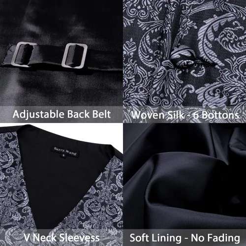 Miniatura 82 de Barry.Wang Conjunto de chaleco de pajarita para hombre, chaleco con cuello en V de seda jacquard de cachemira, gemelos de pañuelo formal/ocio, boda