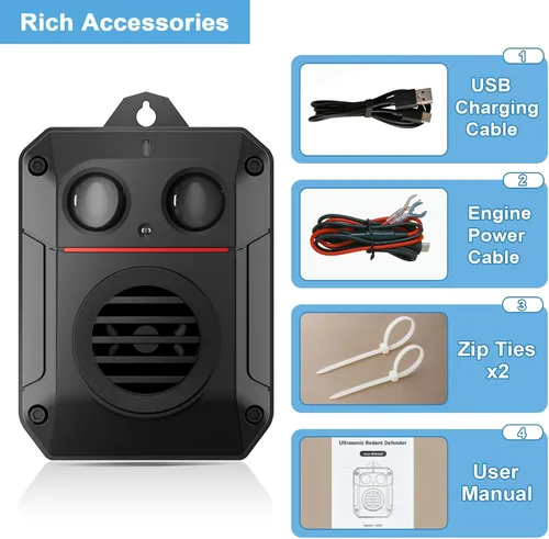Miniatura 7 de Repelente ultrasónico de roedores con luz estroboscópica y onda ultrasónica, disuasorio eficaz para ratones para vehículos, automóviles, sótanos