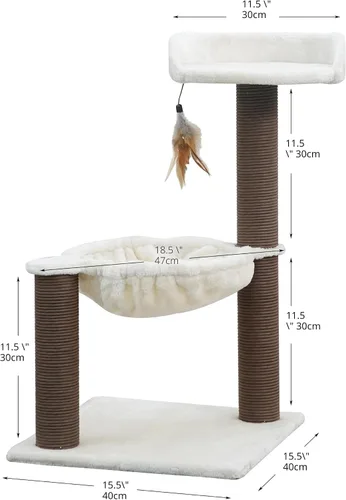 Miniatura 2 de Catry Nirvana Árbol para gatitos de 3 niveles con perca de felpa, hamaca suave y postes rascadores de cuerda de papel, muebles minimalistas