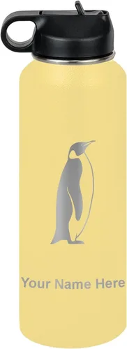 Miniatura 69 de LaserGram Botella de agua personalizada, pingüino, acero inoxidable de doble pared aislada al vacío con popote superior, regalo grabado