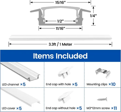 Miniatura 4 de Muzata Paquete de 5 canales LED empotrados de 3.3 pies/3.3 ft con cubierta blanca lechosa en forma de U de aluminio LED tira difusor canal U127 WW 1M