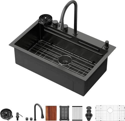 Miniatura 33 de Logmey Fregadero de cocina negro 33x22 empotrable, estación de trabajo de fregadero de cocina, SUS304 calibre 16 acero inoxidable, tazón individual