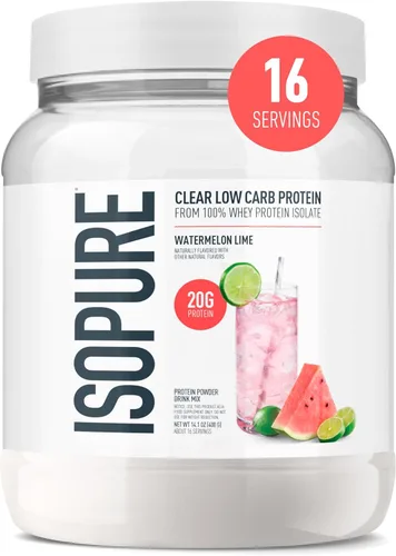 Isopure Clear Whey - Proteína aislada en polvo, sin lactosa, sin gluten, con sabor natural, lima de sandía, 0.71 onzas de proteína por porción, 14.1