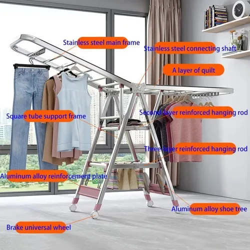 Miniatura 3 de Tendedero plegable para interiores, estante de secado de ropa plegable de 3 niveles, estante de secado independiente, con alas de altura ajustable