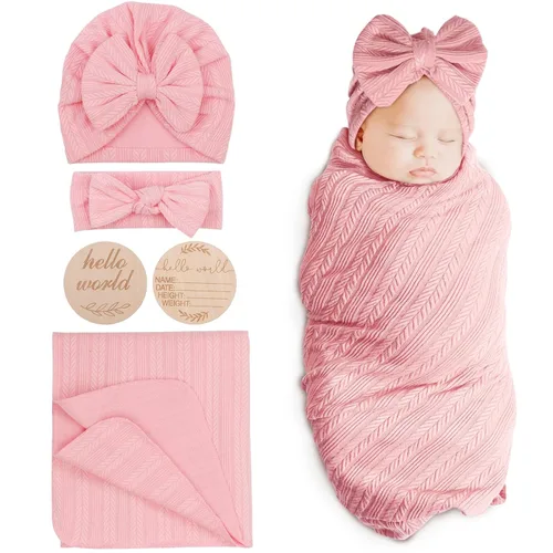 Miniatura 21 de DRESHOW BQUBO Mantas envolventes para bebés niñas, juego de 4 accesorios para recién nacidos con gorro a juego y cinta con moño con tarjeta de 1
