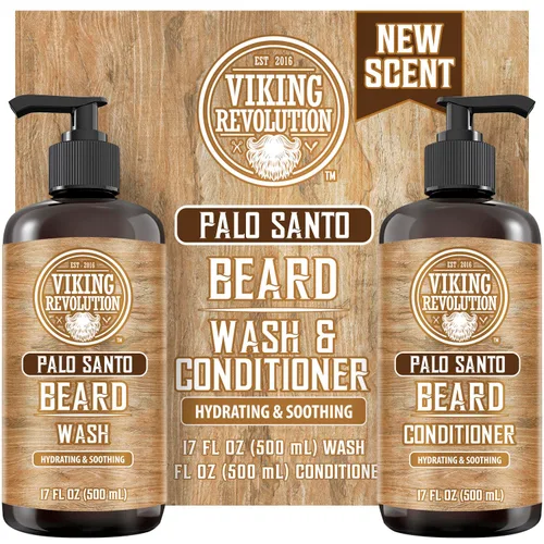 Viking Revolution Juego de champú y acondicionador para barba Palo Santo con aceites de argán y jojoba - Suaviza y fortalece - Aroma natural a Palo