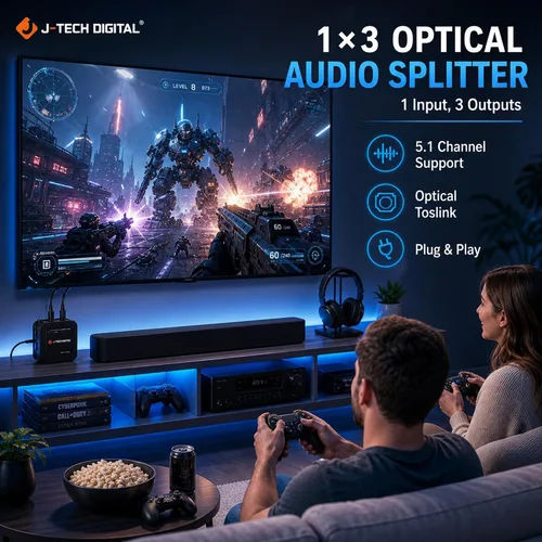 Miniatura 3 de J-Tech Digital Divisor de audio óptico 1x3, 1 en 3 salidas Toslink SPDIF Divisor de audio digital para TV, barra de sonido, cine en casa, audio
