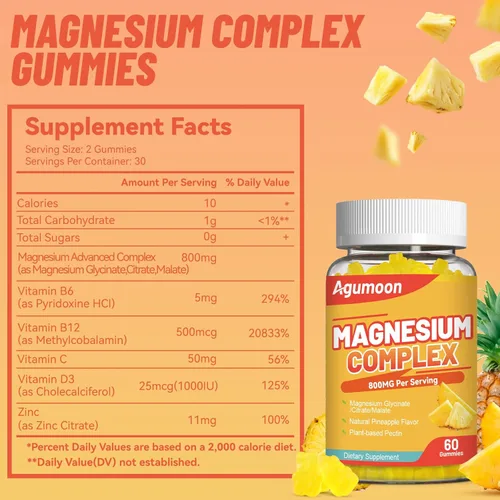 Miniatura 2 de Gomitas complejas de magnesio de 800 mg con zinc y vitaminas B6, B12, C, D3, 60 gomitas de piña, glicinato de alta absorción, citrato, malato, sin