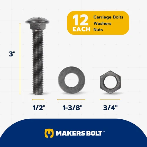 Miniatura 2 de Kit de pernos de carro negros de 1/2 pulgada x 3 pulgadas incluye 12 pernos, 12 arandelas y 12 tuercas, recubierto con cerámica negra Ruspert