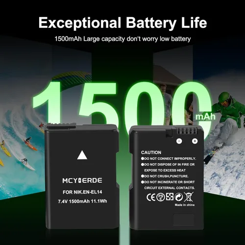 Miniatura 3 de Paquete de 2 baterías de repuesto EN-EL14 EN-EL14a, batería de litio recargable de 1500 mAh compatible con D3100 D3200 D3300 D3400 D3500 D5100 D5200