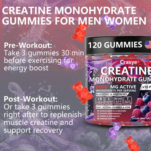 Miniatura 7 de Gomitas de monohidrato de creatina de 5000 mg para hombres y mujeres, gomita de creatina con taurina BCAA para apoyo energético y fuerza muscular