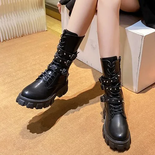 Miniatura 3 de Botas de media pantorrilla para mujer, ligeras, a la moda, con múltiples hebillas, con cordones, antideslizantes, altura de motocicleta