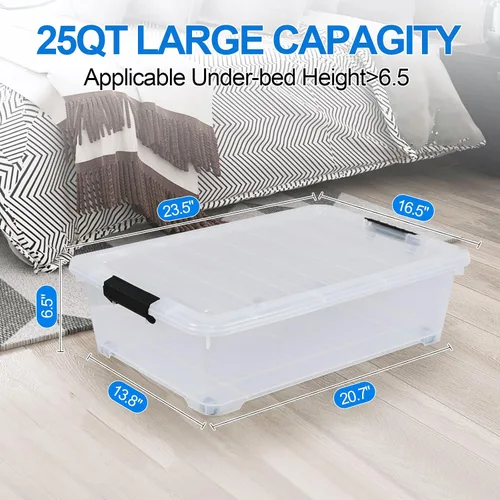 Miniatura 2 de Xyskin Paquete de 4 contenedores organizadores con ruedas para debajo de la cama con tapas de cierre, 25 cuartos de galón de plástico debajo