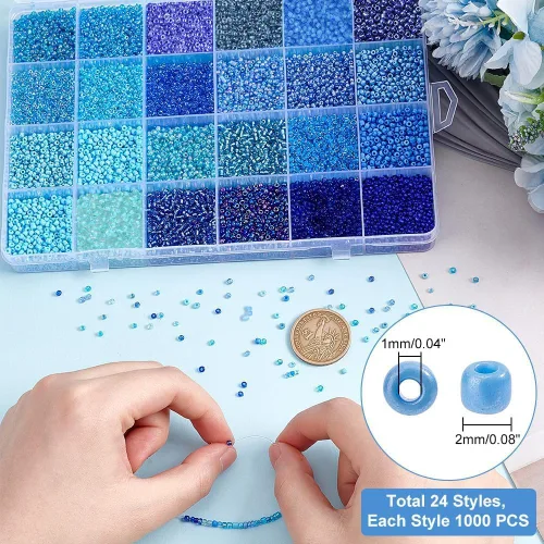Miniatura 5 de PH PandaHall 24000 piezas Cuentas de semillas de vidrio 2mm 12/0 Mini Azul Amistad Cintura Cuentas Separadoras Pequeñas de 24 Colores para Hacer
