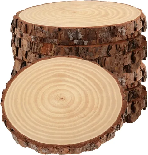 KEILEOHO 9 piezas de rebanadas de madera natural con corteza, discos de árbol sin terminar de 8 a 10 pulgadas, rebanada de madera redonda para