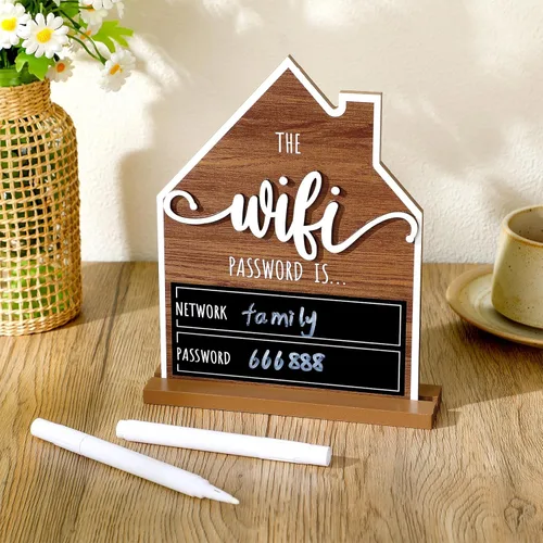 Miniatura 9 de Letrero de Contraseña con Patrón WiFi para Invitados Hogar Mesa de Madera Letrero de Patrón WiFi de Madera con Tablero Pluma Borrable Pizarra