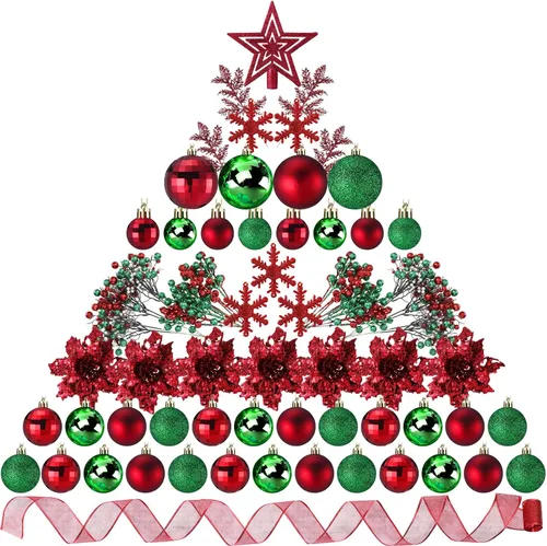 Miniatura 9 de Sratte 94 piezas de adornos para árbol de Navidad, adornos de bolas de Navidad con purpurina, flores de nochebuena, decoraciones con bayas Azul