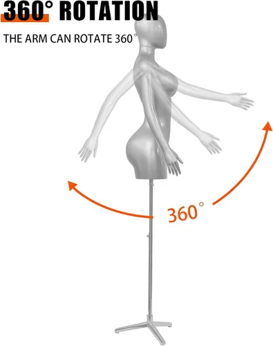 Miniatura 6 de Maniquí de torso brasileño con curvas plateadas, altura ajustable de 66.9 a 92.1 pulgadas, forma de vestido con brazos giratorios desmontables