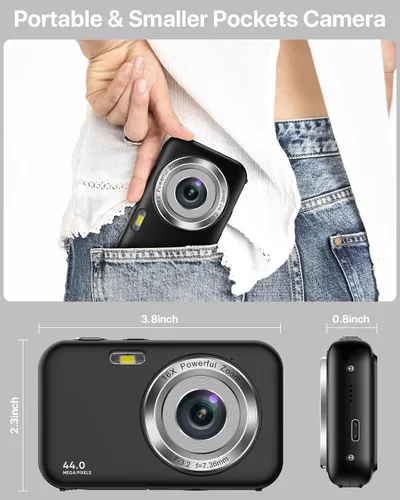 Miniatura 5 de Cámara digital, cámara para niños con tarjeta de 32 GB, FHD 1080P 44MP cámara de vlogging, cámara digital de zoom de 16X y disparo, cámaras Negro