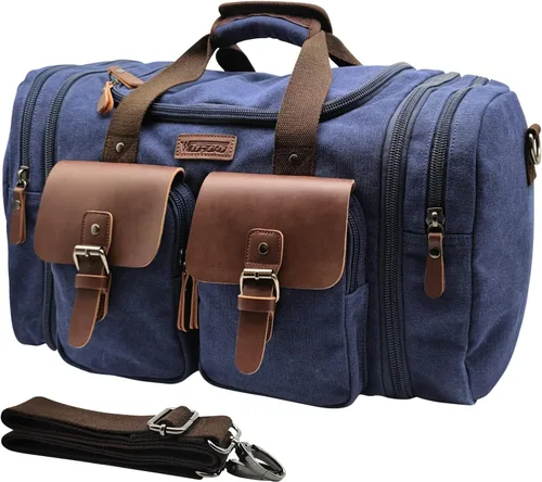 Miniatura 15 de Wildroad Bolsa de viaje de lona de 50L, bolsa de lona expandible de cuero genuino, bolsa de fin de semana mejorada para una noche, bolsa de mano