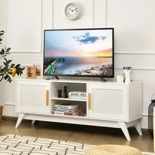 Miniatura 2 de Tangkula Soporte de TV de ratán para televisores de hasta 65 pulgadas, centro de entretenimiento, estante ajustable de 3 niveles, 2 gabinetes